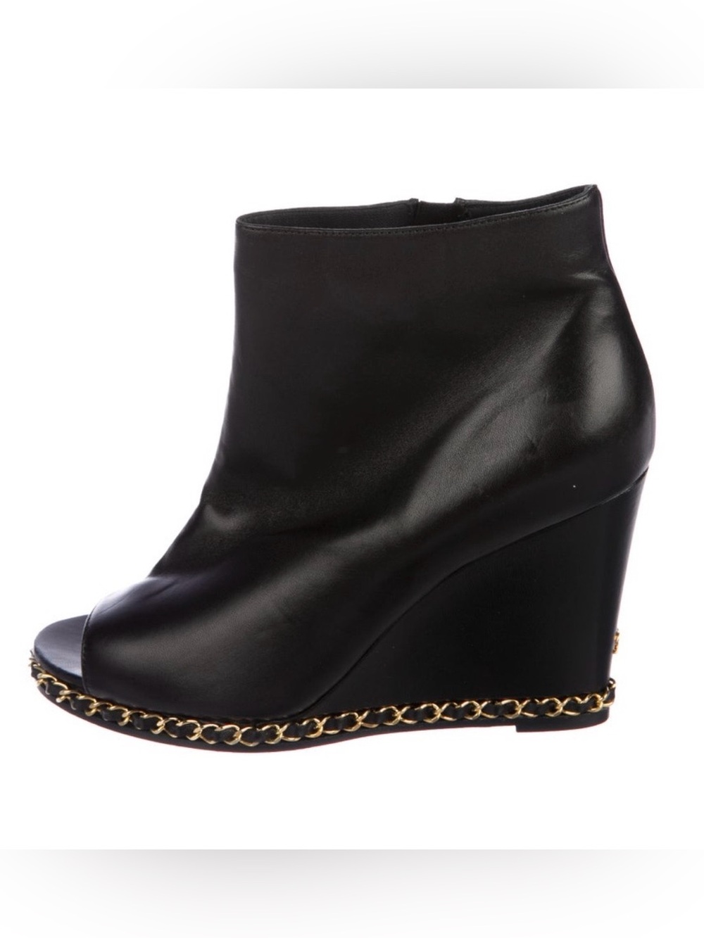 CHANEL Wedge Ankle Boots with Gold Chain Trim!